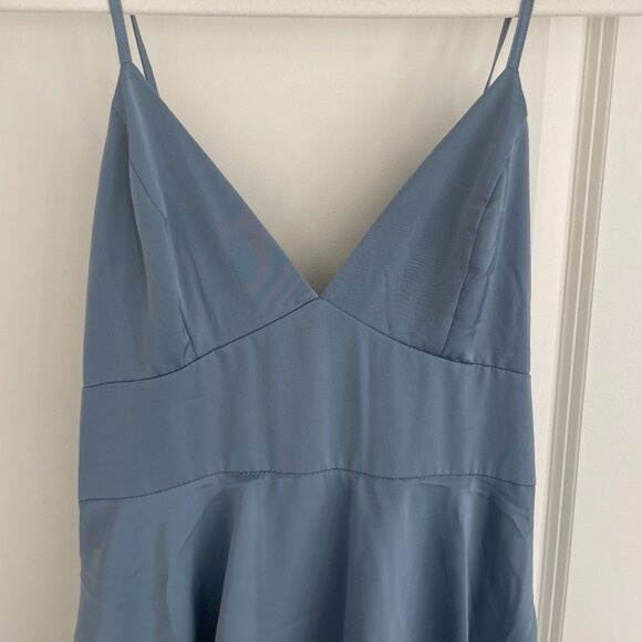 Lulus Going with Slate Blue Satin Tiered Gown - Picture 6 of 6